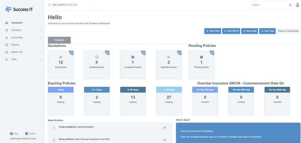 Dashboard of Success IT insurance broker software