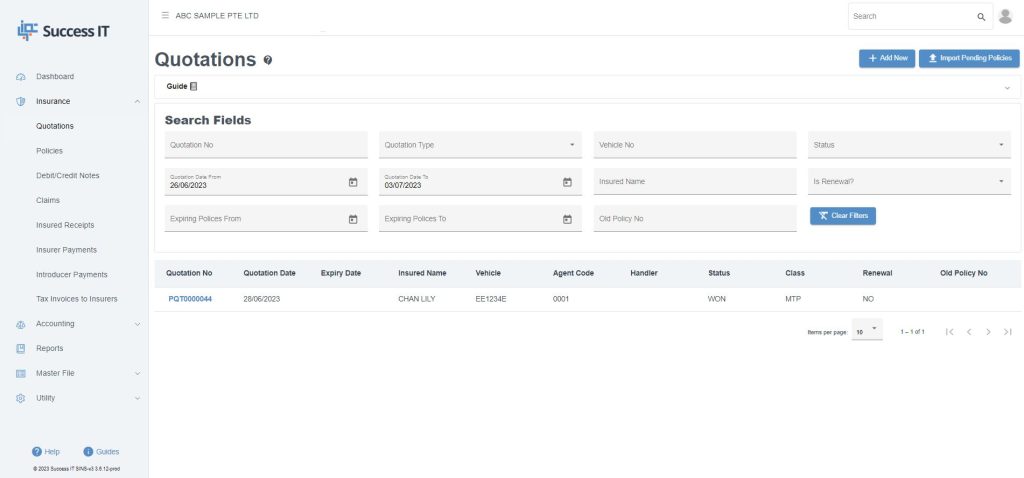Quotation feature of Success IT Insurance Broker Software